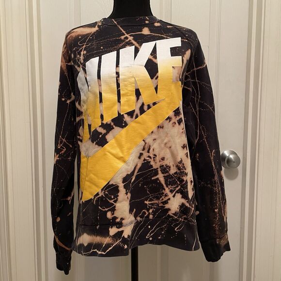Rare Vintage Bleached Nike Sweatshirt Giant Logo Black w/ Yellow Swoosh Medium - Picture 1 of 9